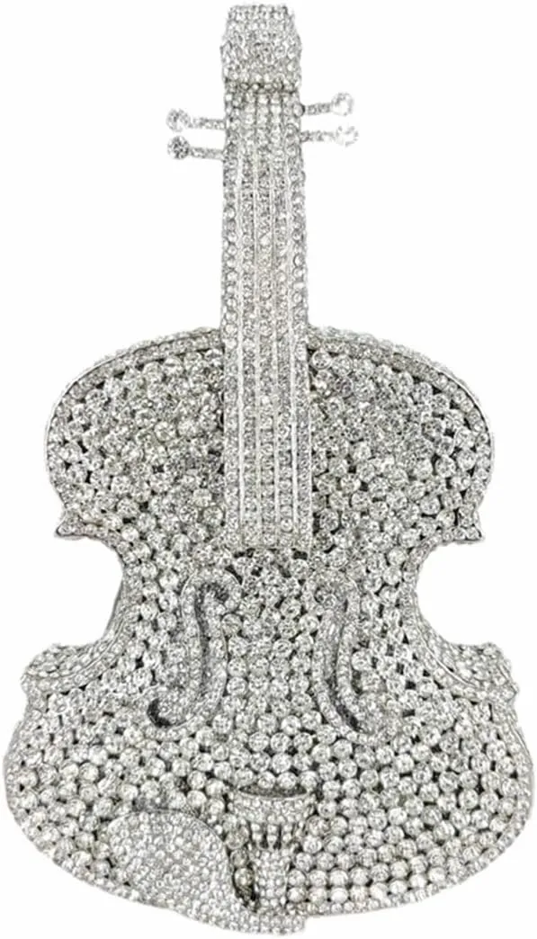 Cute Violin Rhinestone Evening Bag Chic Crystal Handbag Diamond Clutch Purse for Women Party Prom Banquet, Gold