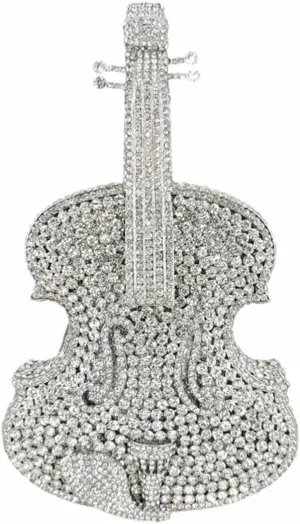 Cute Violin Rhinestone Evening Bag Chic Crystal Handbag Diamond Clutch Purse for Women Party Prom Banquet, Gold