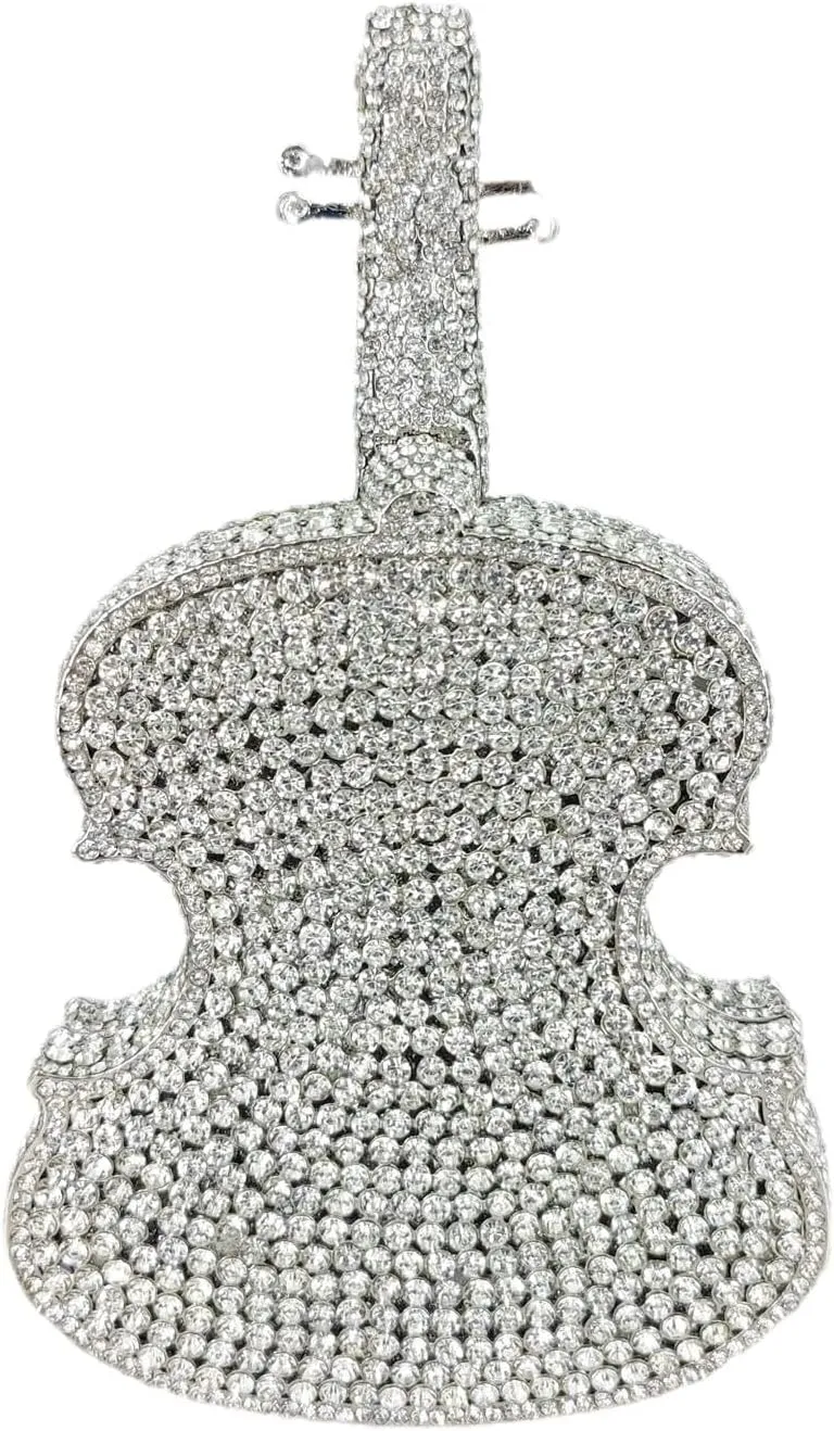 Cute Violin Rhinestone Evening Bag Chic Crystal Handbag Diamond Clutch Purse for Women Party Prom Banquet, Gold