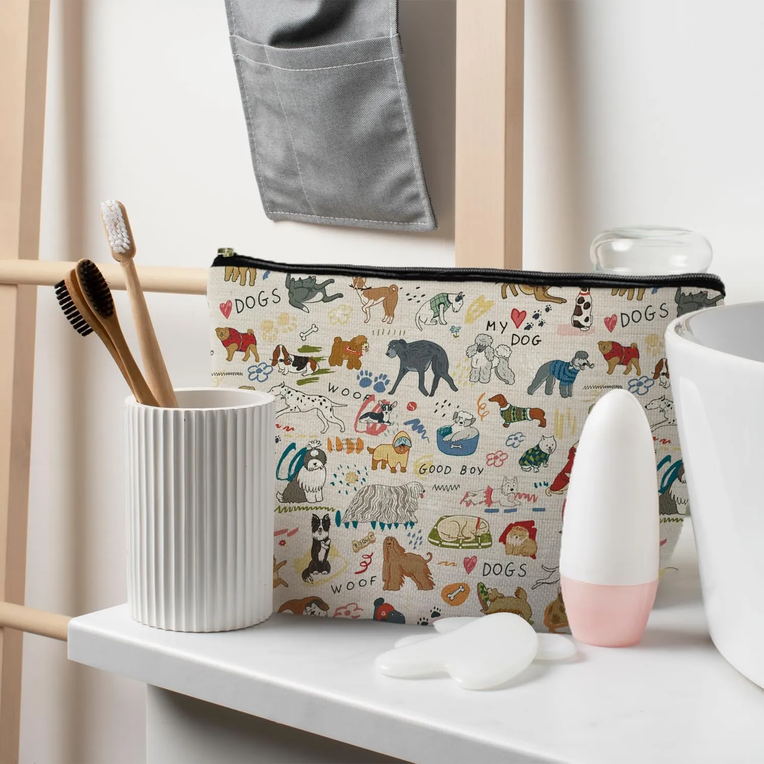 Dog Makeup Bag - Gifts for Dog Lovers, Mom, and Owners - Cute Puppy Doodle Cosmetic Toiletry Bag