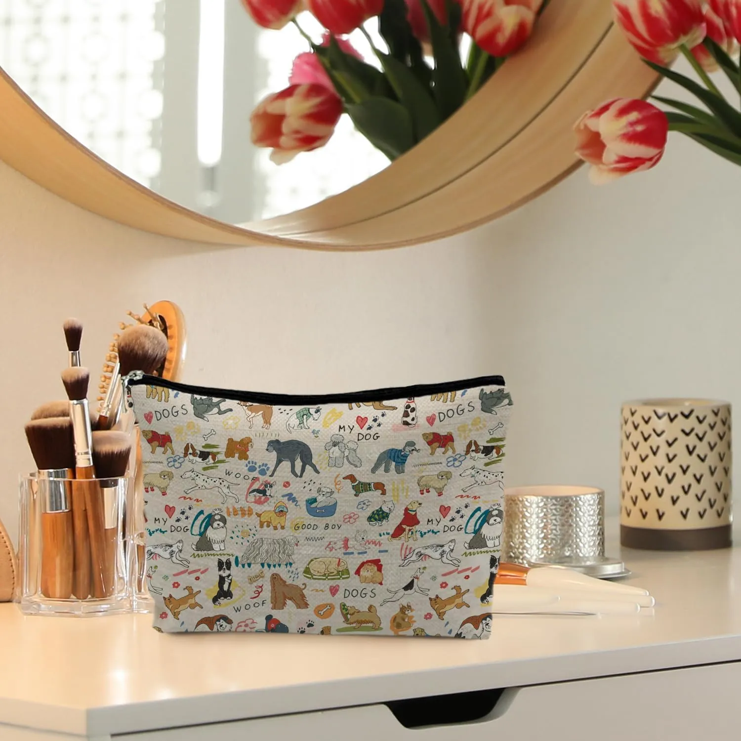 Dog Makeup Bag - Gifts for Dog Lovers, Mom, and Owners - Cute Puppy Doodle Cosmetic Toiletry Bag