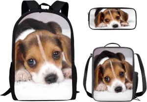 Dreaweet Beagle Print School Bags Set for Teen Girls Boys 3 Pcs Kawaii Kids Backpack Bookbag with Insulated Lunch Bag Pencil Case Outdoor Travel Rucksack