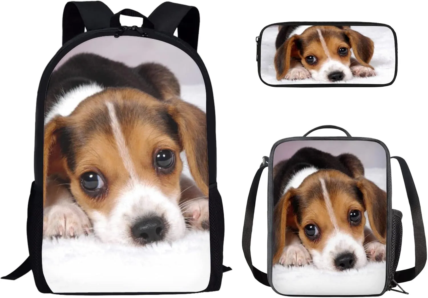 Dreaweet Beagle Print School Bags Set for Teen Girls Boys 3 Pcs Kawaii Kids Backpack Bookbag with Insulated Lunch Bag Pencil Case Outdoor Travel Rucksack