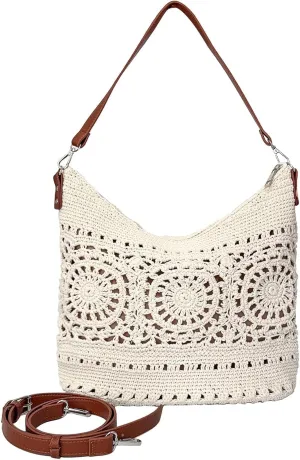 Eiyye Boho Crochet Crossbody Bag for Women Handmade Cotton Hobo Purse Macram Tote Bag for Summer, Beach, Travel & Everyday Use (Off White)