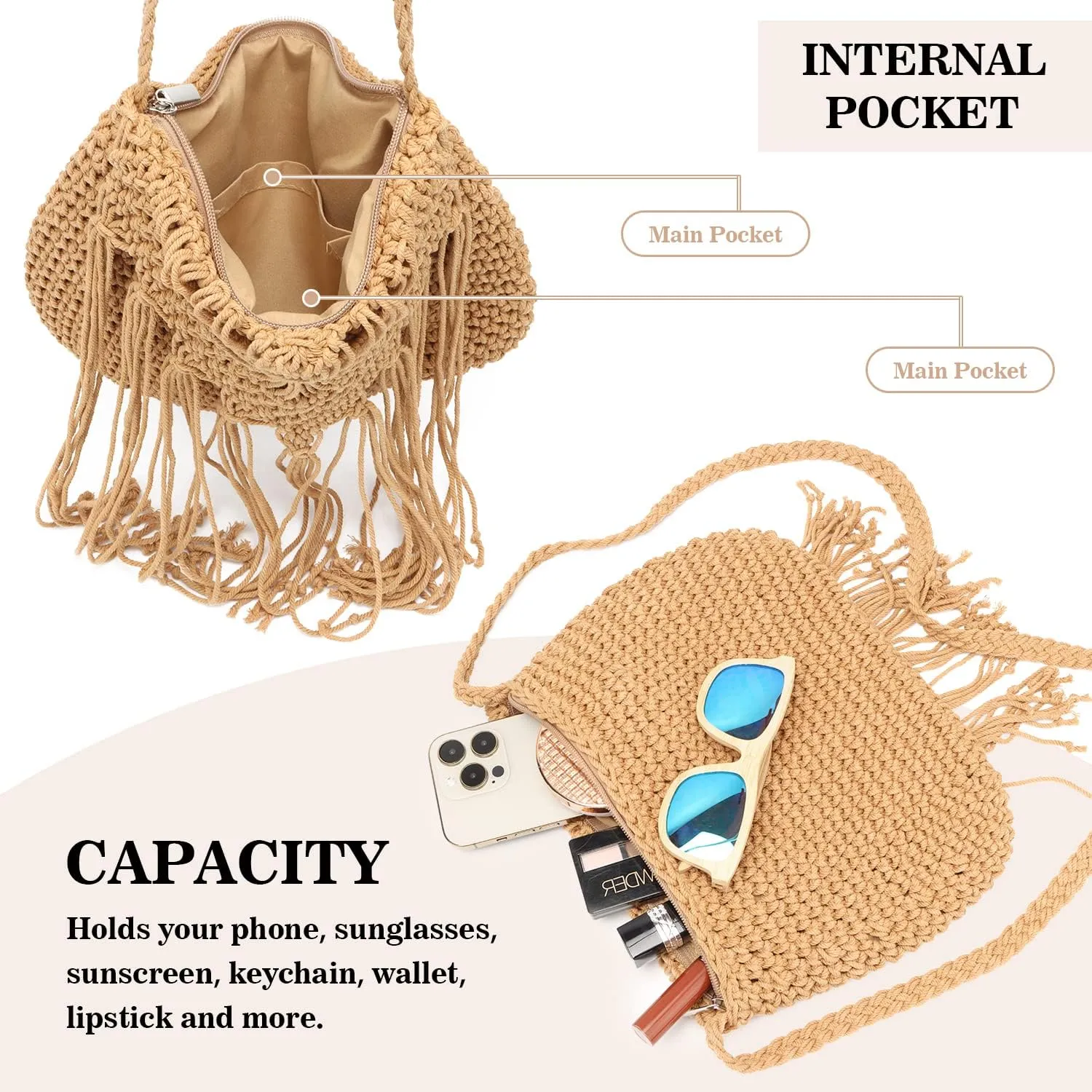 Emprier Retro Crochet Crossbody Shoulder Bag for Women Woven Fringe hobo bags Summer Beach Handmade Purse