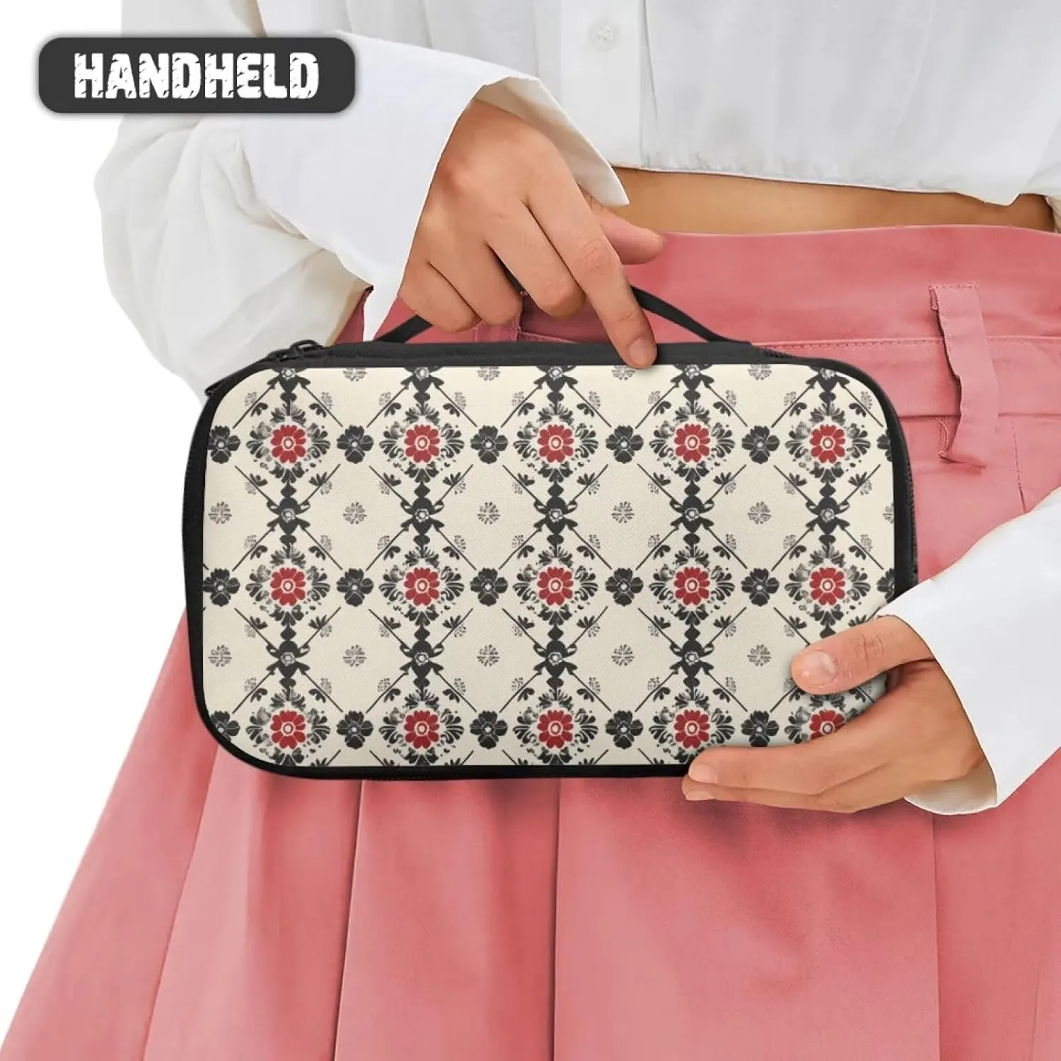 Ethnic Style Plaid Multi-Use Cosmetic Bag  Compact Travel Square Makeup Organizer with Water-Resistant Exterior Trendy Stuff for School, Gym, Parties | Personalized Makeup Bag for Women