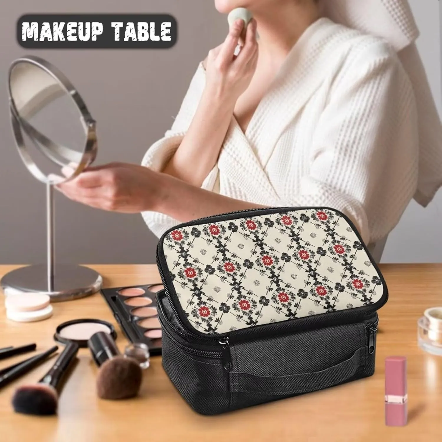 Ethnic Style Plaid Multi-Use Cosmetic Bag  Compact Travel Square Makeup Organizer with Water-Resistant Exterior Trendy Stuff for School, Gym, Parties | Personalized Makeup Bag for Women