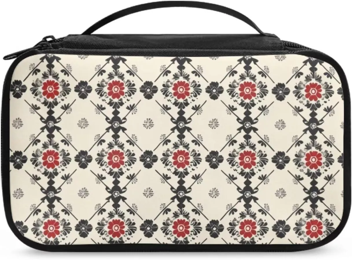 Ethnic Style Plaid Multi-Use Cosmetic Bag  Compact Travel Square Makeup Organizer with Water-Resistant Exterior Trendy Stuff for School, Gym, Parties | Personalized Makeup Bag for Women