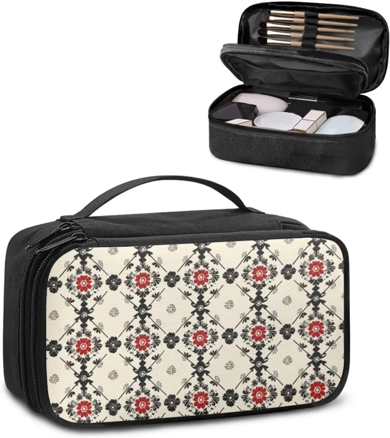 Ethnic Style Plaid Multi-Use Cosmetic Bag  Compact Travel Square Makeup Organizer with Water-Resistant Exterior Trendy Stuff for School, Gym, Parties | Personalized Makeup Bag for Women