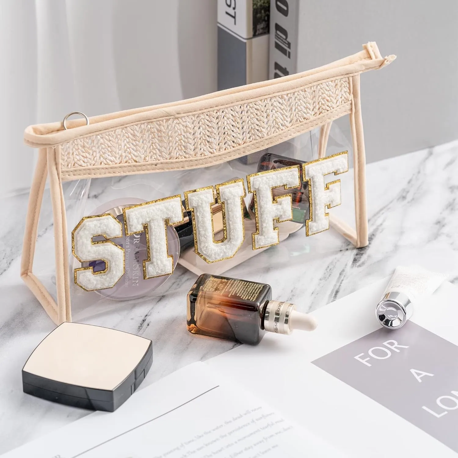 EZdhuawuse Boho Patch STUFF Makeup Bag Clear Cosmetic Toiletry Bag Varsity Letter Travel Beige Transparent Waterproof Snacks Cute Zipper Makeup Pouch for Women Girls