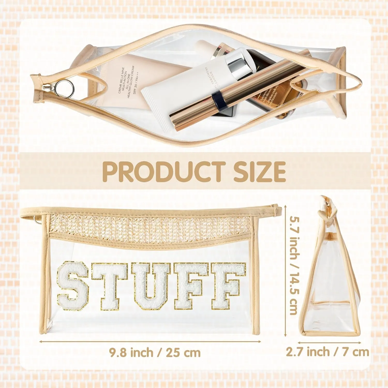EZdhuawuse Boho Patch STUFF Makeup Bag Clear Cosmetic Toiletry Bag Varsity Letter Travel Beige Transparent Waterproof Snacks Cute Zipper Makeup Pouch for Women Girls