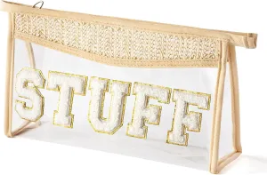 EZdhuawuse Boho Patch STUFF Makeup Bag Clear Cosmetic Toiletry Bag Varsity Letter Travel Beige Transparent Waterproof Snacks Cute Zipper Makeup Pouch for Women Girls