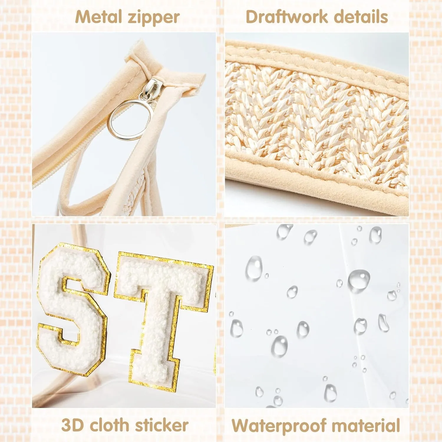 EZdhuawuse Boho Patch STUFF Makeup Bag Clear Cosmetic Toiletry Bag Varsity Letter Travel Beige Transparent Waterproof Snacks Cute Zipper Makeup Pouch for Women Girls