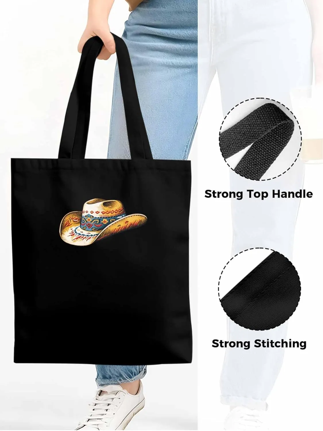 Farmhouse Cowboy Hat Boho Canvas Tote Bag, Aesthetic Canvas Tote Handbags for Women Shoulder Bag