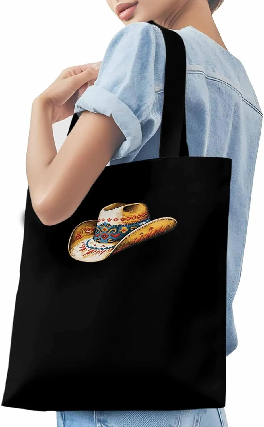 Farmhouse Cowboy Hat Boho Canvas Tote Bag, Aesthetic Canvas Tote Handbags for Women Shoulder Bag