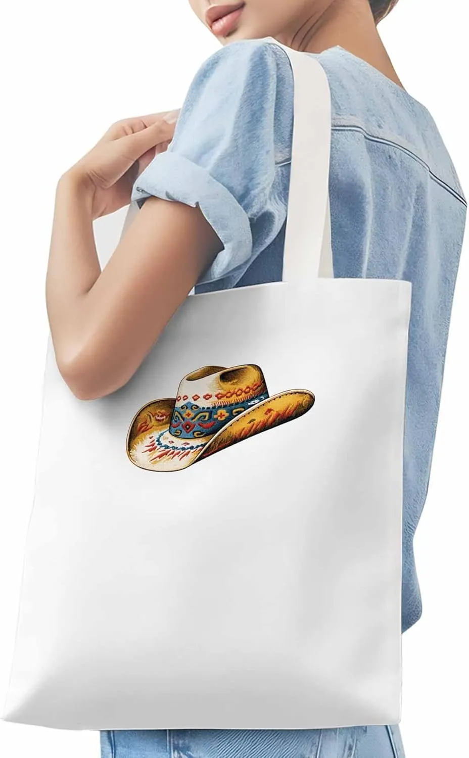Farmhouse Cowboy Hat Boho Canvas Tote Bag, Aesthetic Canvas Tote Handbags for Women Shoulder Bag