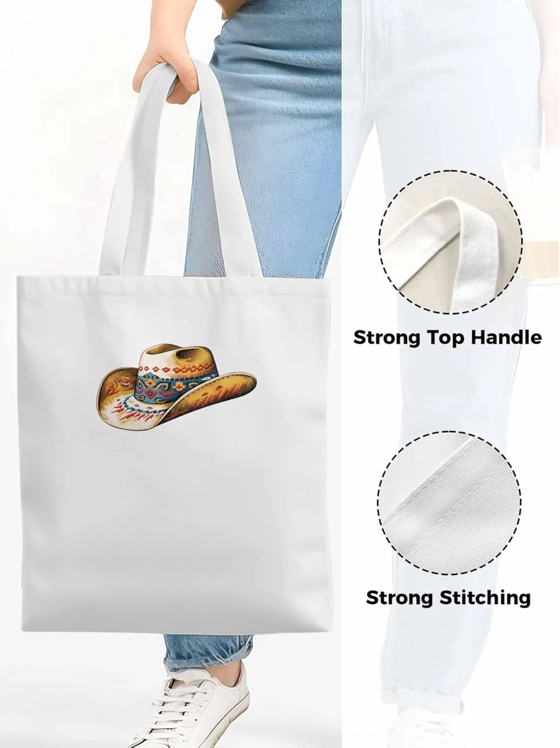 Farmhouse Cowboy Hat Boho Canvas Tote Bag, Aesthetic Canvas Tote Handbags for Women Shoulder Bag