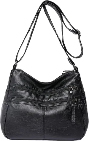 Fashion Casual Women's Retro Soft Leather Zipper Double Pocket Shoulder Messenger Bag Rustic Shoulder (Black, One Size)