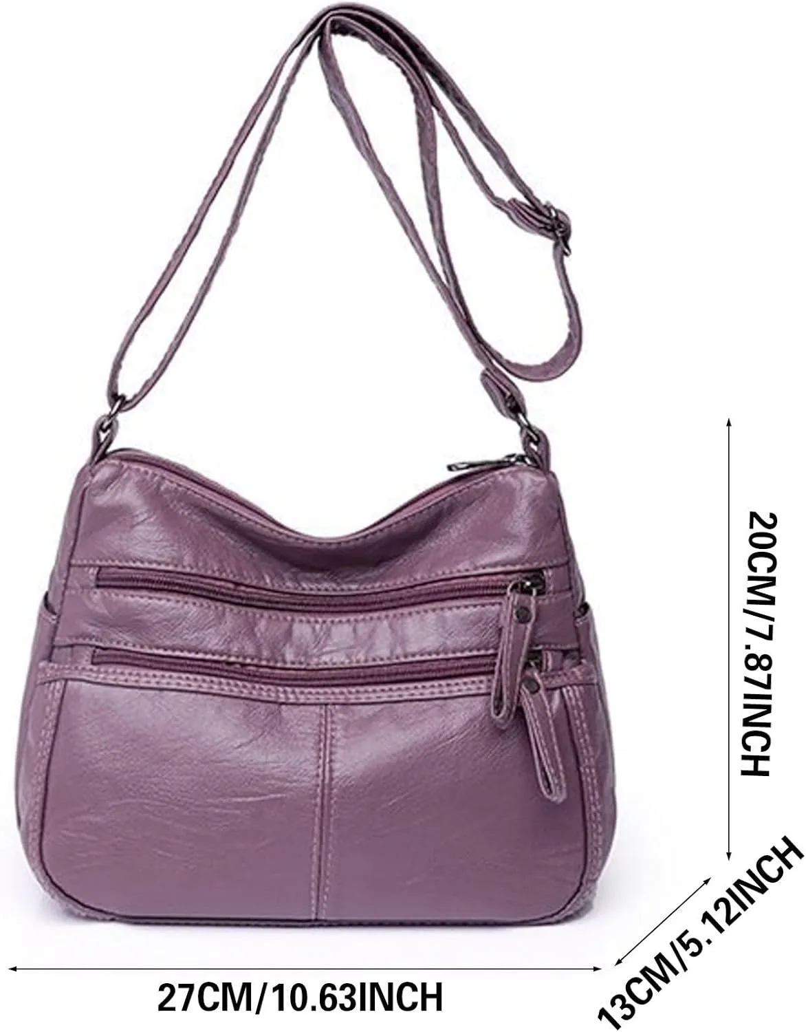 Fashion Casual Women's Retro Soft Leather Zipper Double Pocket Shoulder Messenger Bag Rustic Shoulder (Black, One Size)