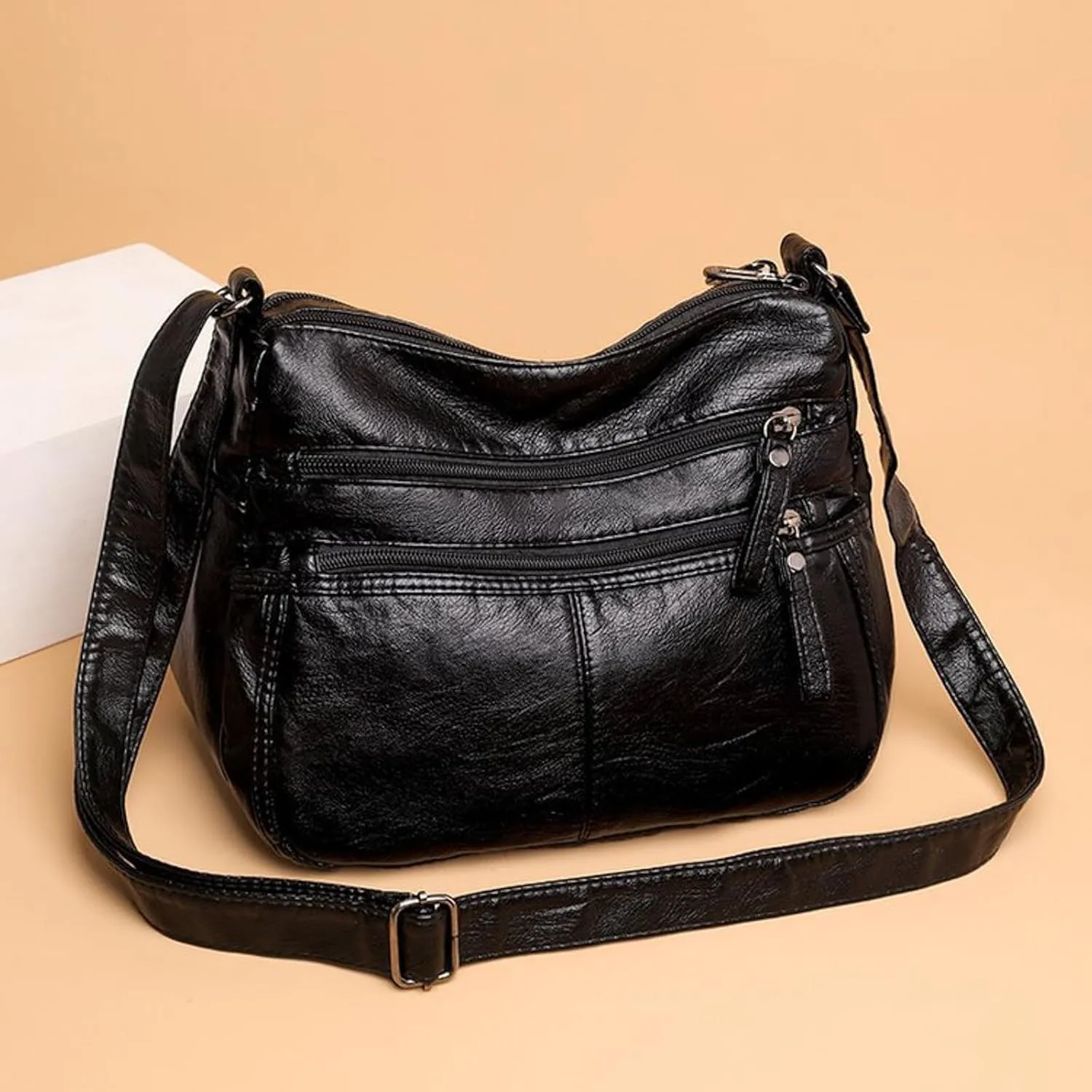 Fashion Casual Women's Retro Soft Leather Zipper Double Pocket Shoulder Messenger Bag Rustic Shoulder (Black, One Size)