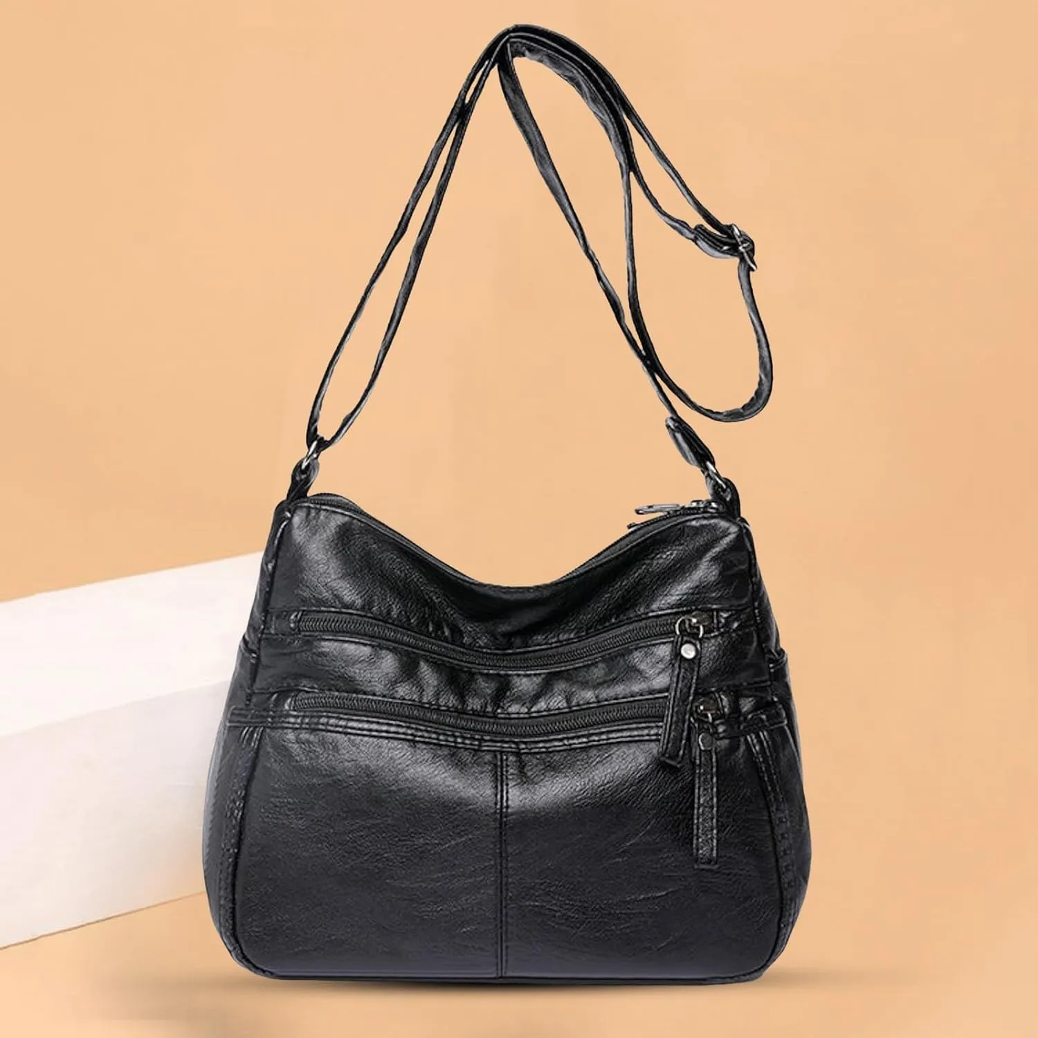 Fashion Casual Women's Retro Soft Leather Zipper Double Pocket Shoulder Messenger Bag Rustic Shoulder (Black, One Size)