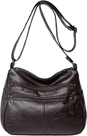 Fashion Casual Women's Retro Soft Leather Zipper Double Pocket Shoulder Messenger Bag Rustic Shoulder (Brown, One Size)