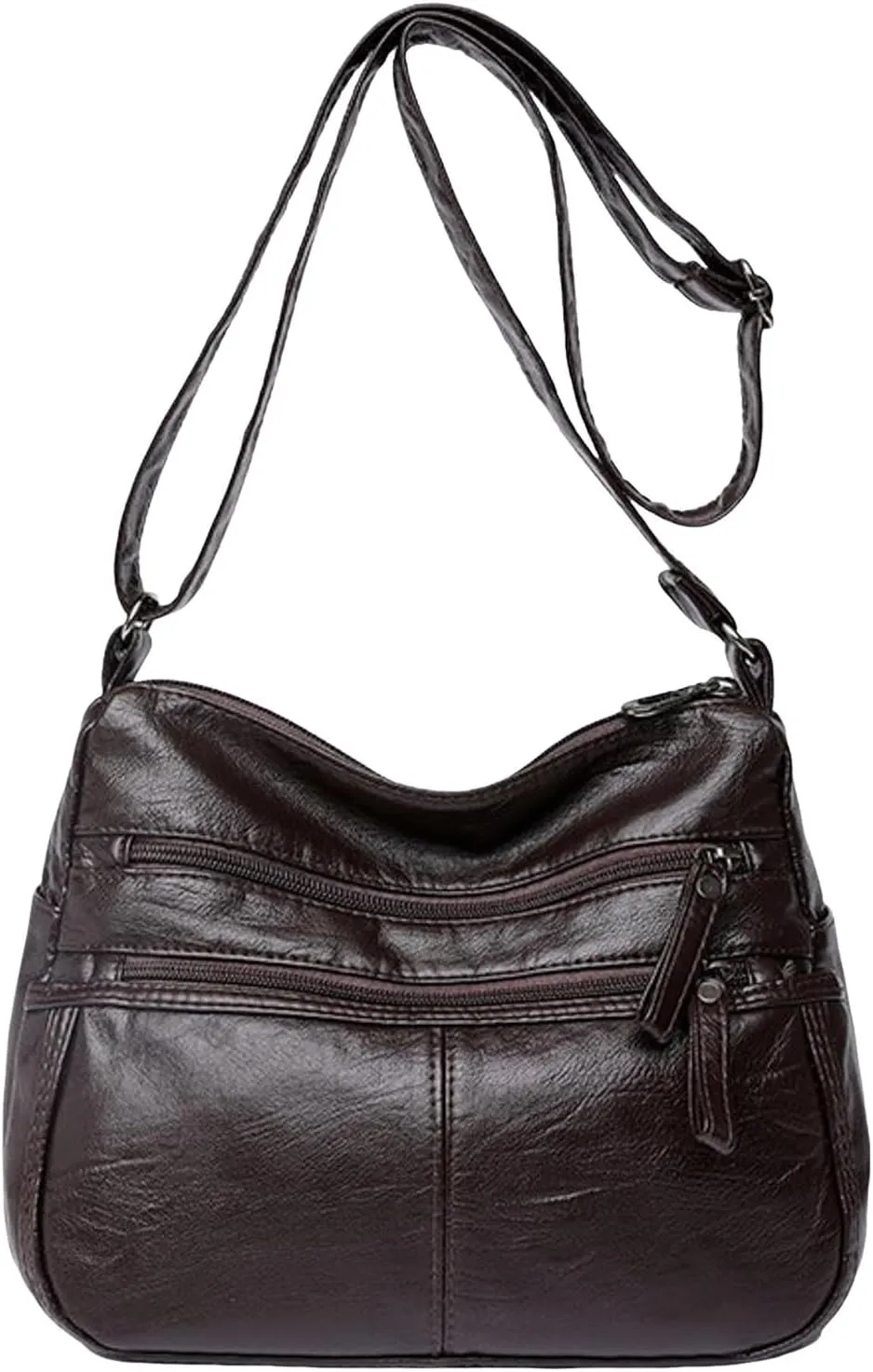 Fashion Casual Women's Retro Soft Leather Zipper Double Pocket Shoulder Messenger Bag Rustic Shoulder (Brown, One Size)