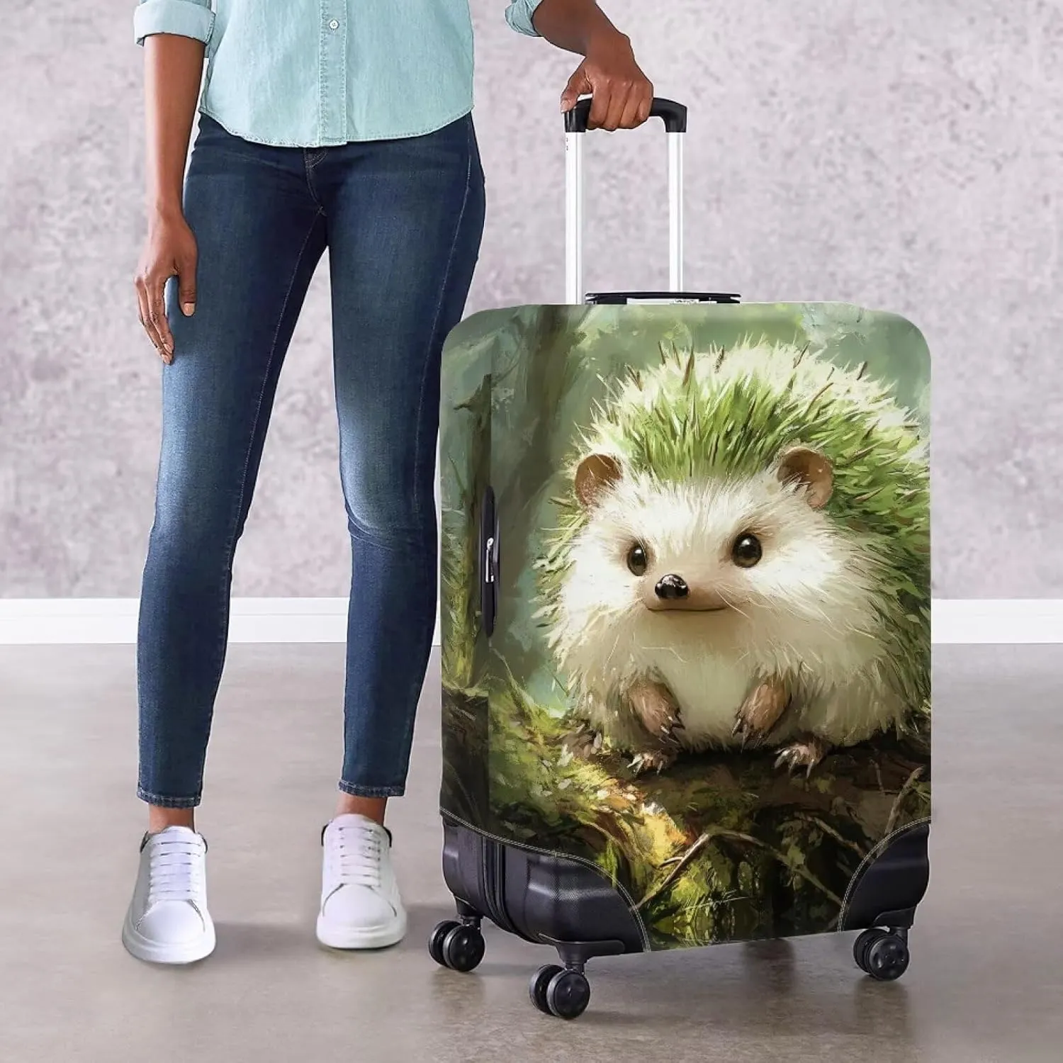 FOR U DESIGNS Hedgehog Green Suitcase Cover Luggage Protector Elastic Scratch-Resistant Sleeve Universal Fit 25-28 Inch Carry on Bags Travel Family Vacation