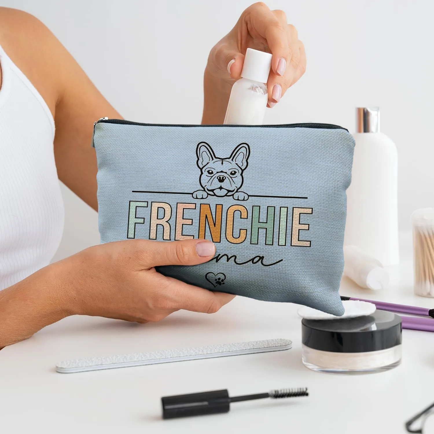 French Bulldog Gifts: Frenchie Mom & Lover Gifts - Makeup Bag (Blue)