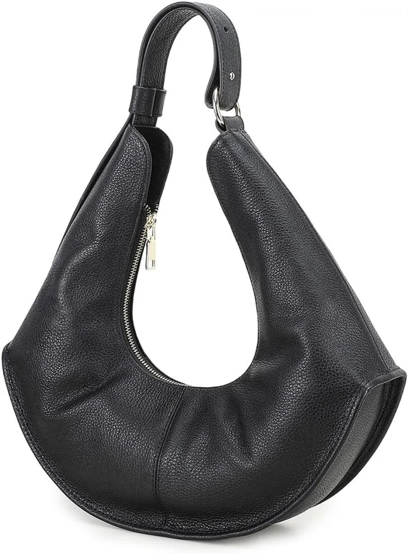 Full Grain Leather Hobo Bags for Women Crescent Shoulder Handbag Top Handle Bag Trendy Underarm Purse Black