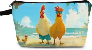 Funny Chicken Presents Beach Chicks Makeup Bag Chic Small Organizer Bag with Zipper Funny Chicken Family Print Cosmetic Bag Birthday Presents for Chicken Lovers Women Friends