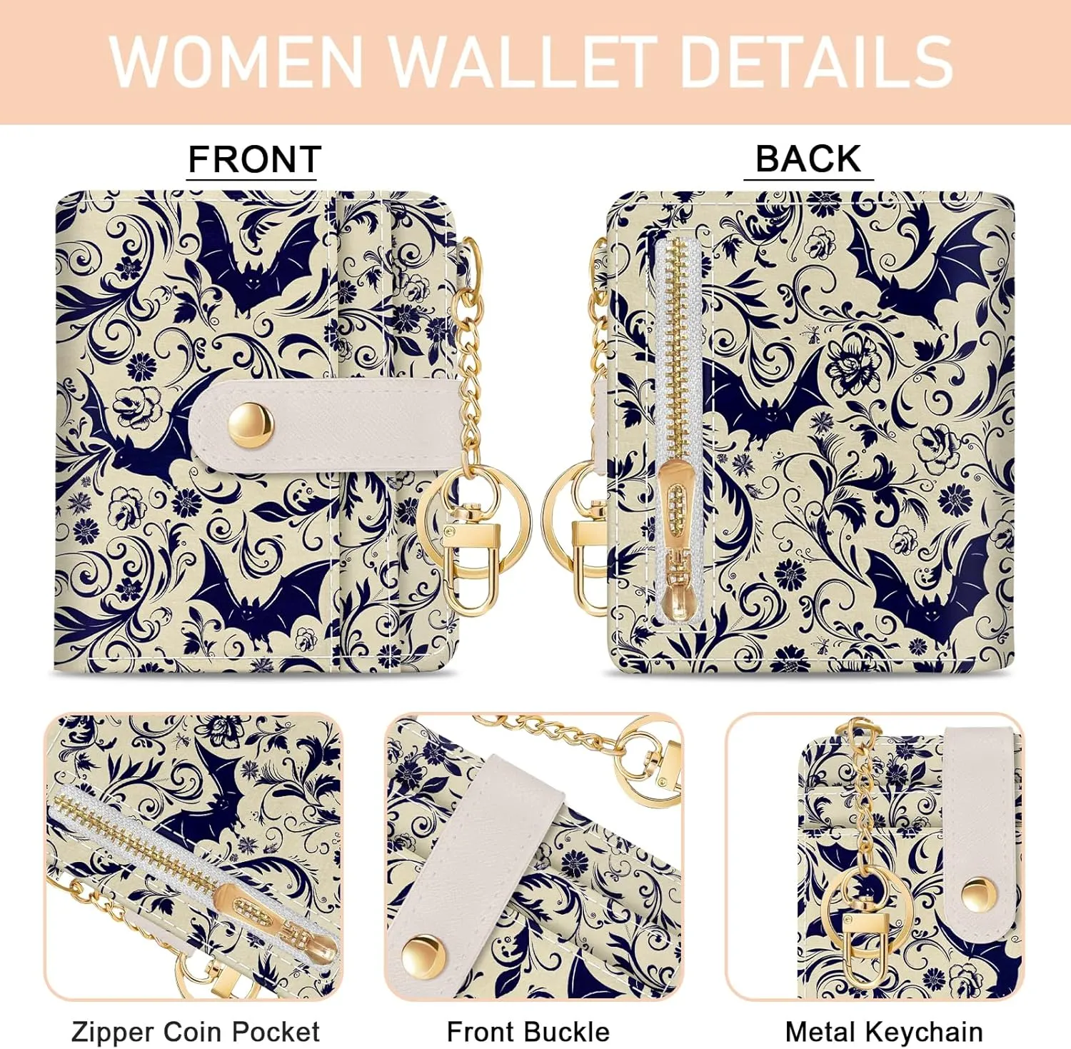 Goth Bat Rfid Ladies Wallet, Small Slim Thin Compact Credit Card Women Wallet, Gothic Horror Halloween PU Leather Bifold Cash Zipper Coin Pocket ID Window fot Female