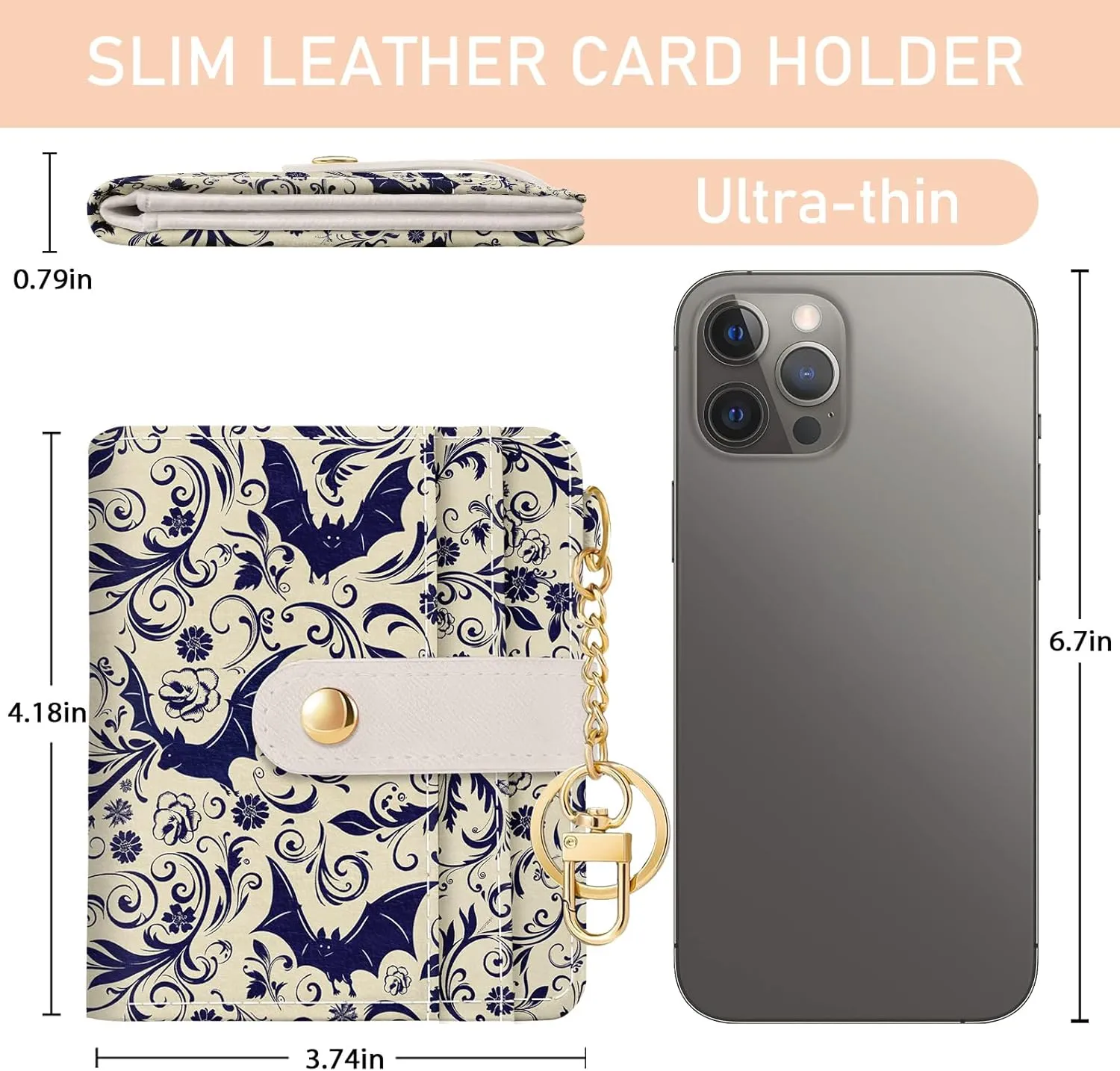 Goth Bat Rfid Ladies Wallet, Small Slim Thin Compact Credit Card Women Wallet, Gothic Horror Halloween PU Leather Bifold Cash Zipper Coin Pocket ID Window fot Female