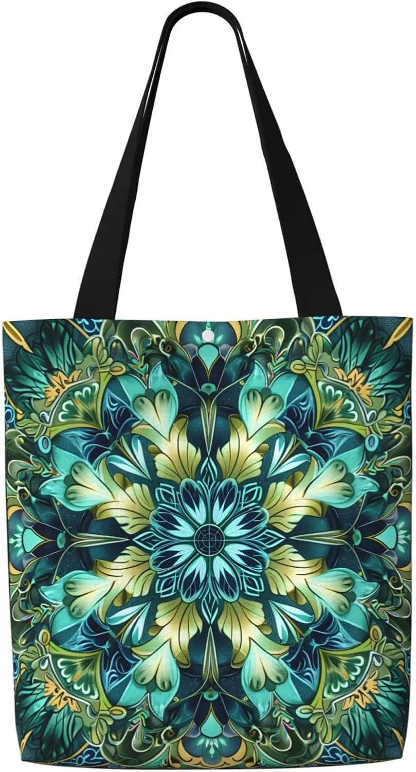 Green Mandala Abstract Canvas Shoulder Bag Reusable Tote Bag Soft Lightweight Cloth Bags For Women Girls Lady Casual