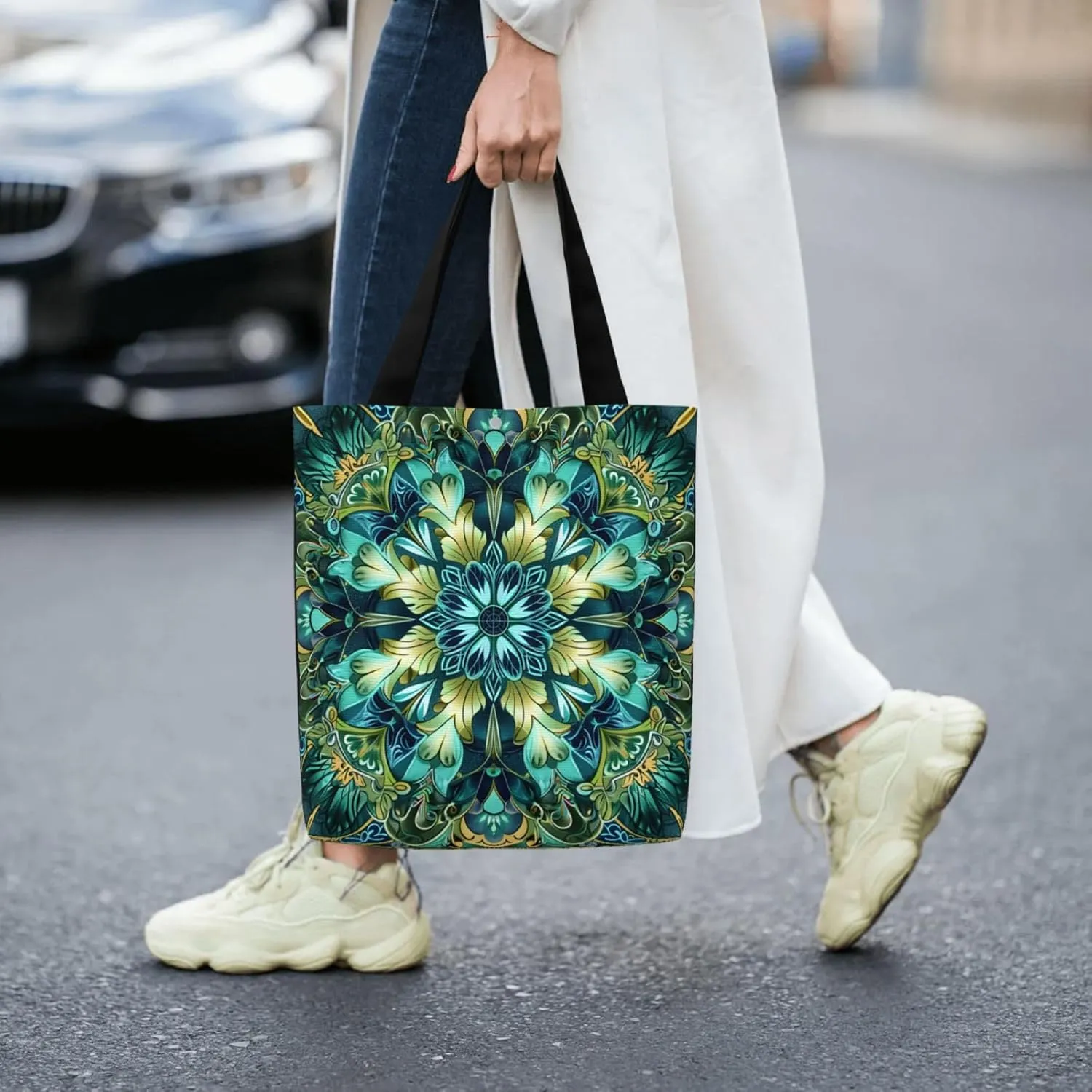Green Mandala Abstract Canvas Shoulder Bag Reusable Tote Bag Soft Lightweight Cloth Bags For Women Girls Lady Casual