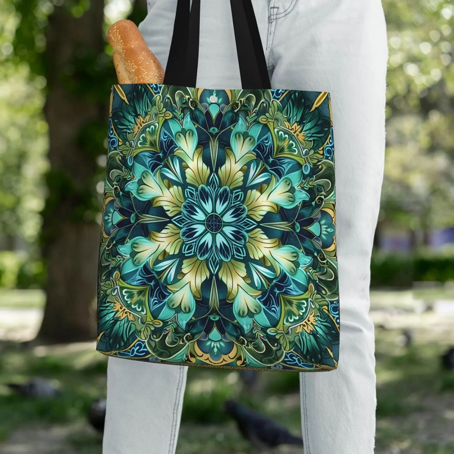 Green Mandala Abstract Canvas Shoulder Bag Reusable Tote Bag Soft Lightweight Cloth Bags For Women Girls Lady Casual