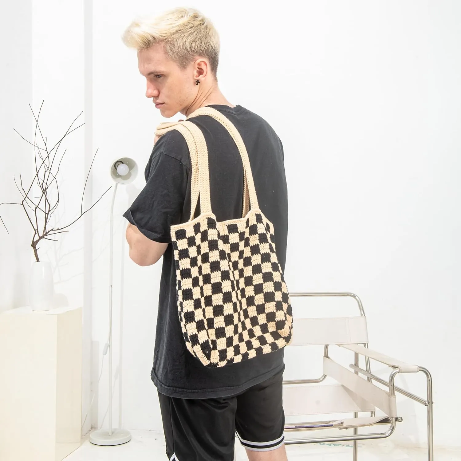 Handmade Checkered Pattern Crochet Tote Bag, Aesthetic Hobo Shoulder Crochet Beach Bag