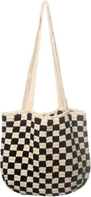 Handmade Checkered Pattern Crochet Tote Bag, Aesthetic Hobo Shoulder Crochet Beach Bag