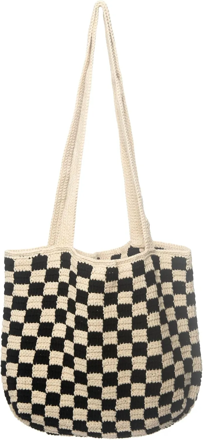 Handmade Checkered Pattern Crochet Tote Bag, Aesthetic Hobo Shoulder Crochet Beach Bag