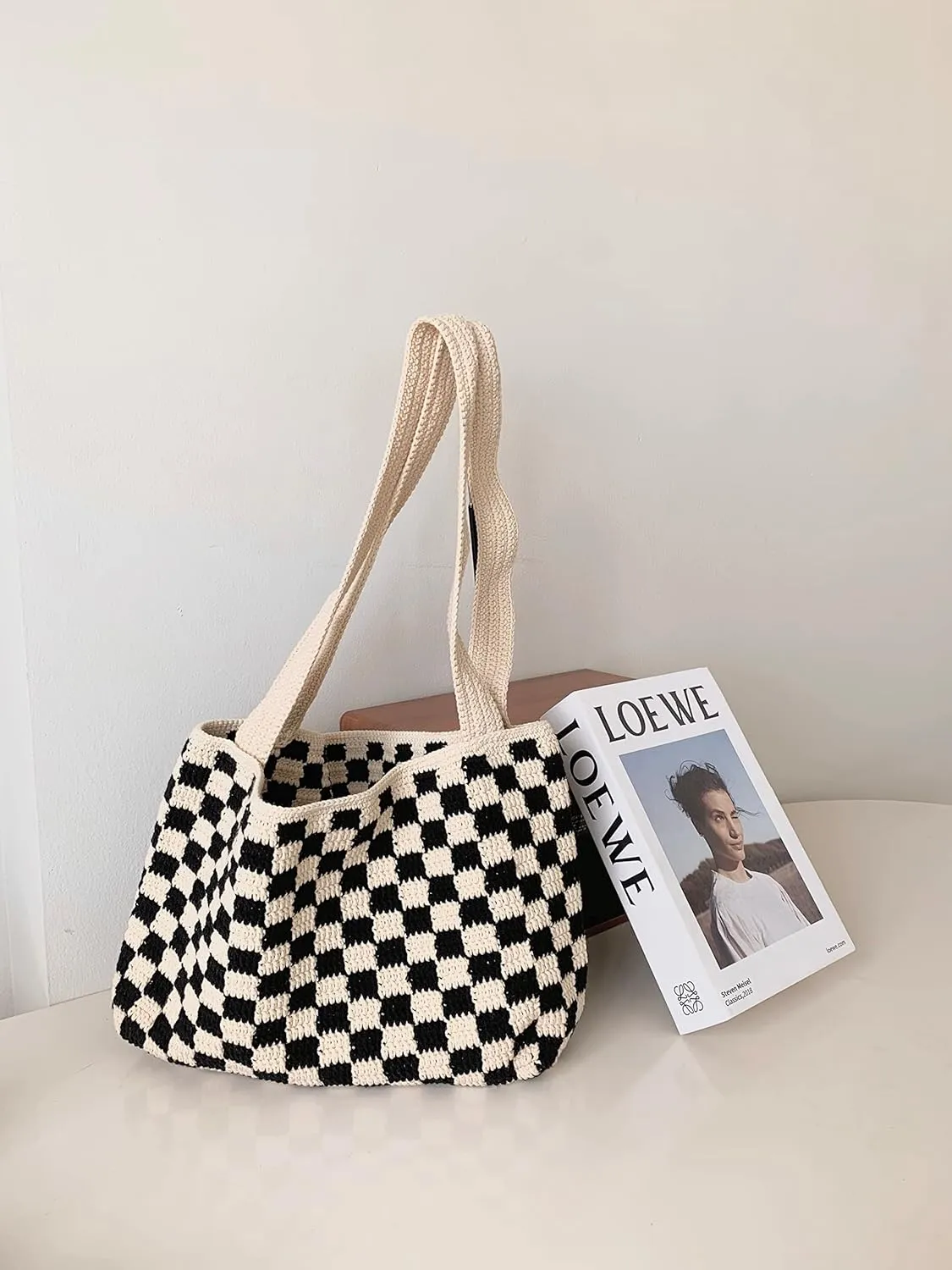 Handmade Checkered Pattern Crochet Tote Bag, Aesthetic Hobo Shoulder Crochet Beach Bag