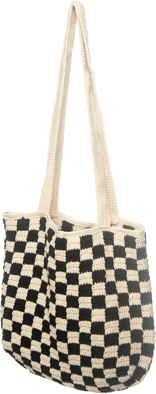 Handmade Checkered Pattern Crochet Tote Bag, Aesthetic Hobo Shoulder Crochet Beach Bag