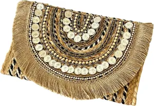 Handmade Gold Boho Clutch Purse  Beaded Ethnic Crossbody Bag with Coin Fringe | Designer Festival Shoulder Bag for Women, Small Evening Party Purse