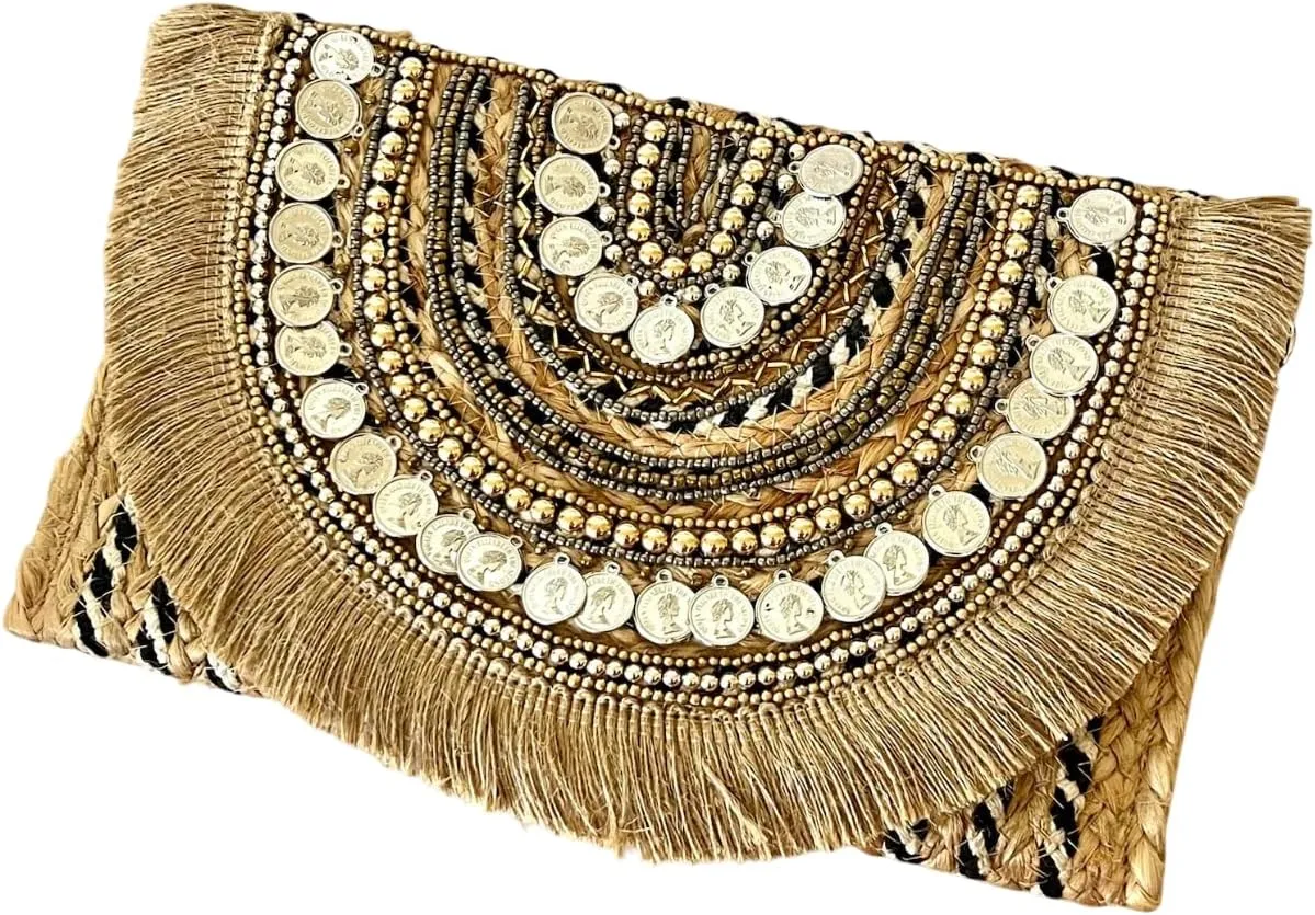 Handmade Gold Boho Clutch Purse  Beaded Ethnic Crossbody Bag with Coin Fringe | Designer Festival Shoulder Bag for Women, Small Evening Party Purse