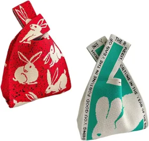 Handmade Knitted Rabbit Pattern Satchel Bags Set of 2, Red and Green, 10 x 20 x 35 cm