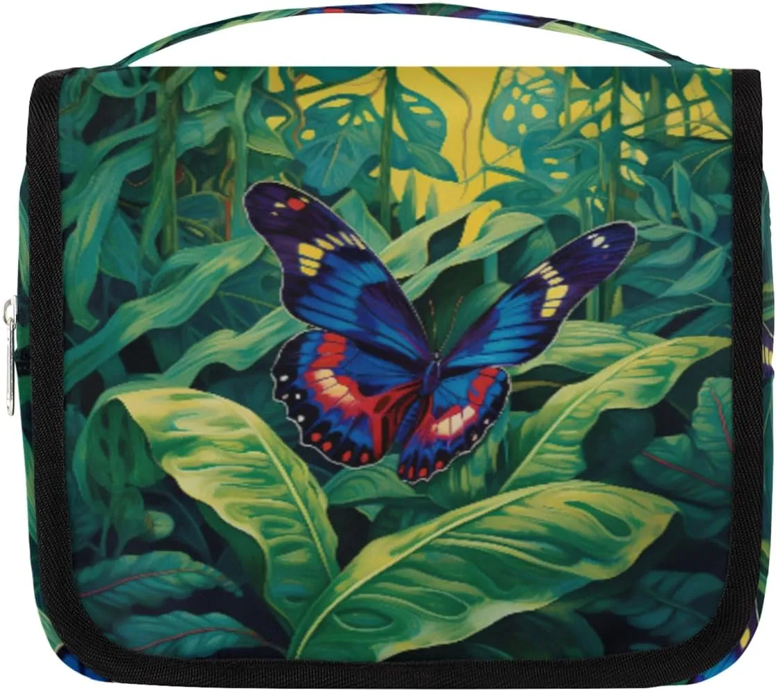 Hanging Toiletry Bag for Women & Men Small Travel Makeup Skincare Necessaire Organizer Kit Cosmetic Bags Waterproof Shower Pouch Expandable Compartments Butterfly Animal Leaf Background
