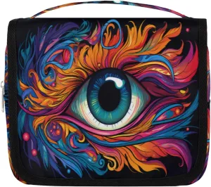 Hanging Toiletry Bag for Women & Men Small Travel Makeup Skincare Necessaire Organizer Kit Cosmetic Bags Waterproof Shower Pouch Expandable Compartments Colorful Eye Pattern