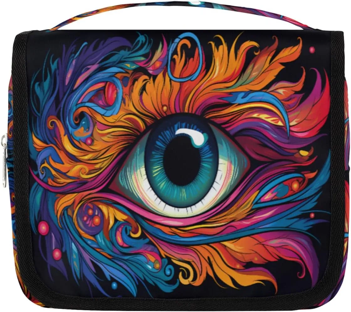Hanging Toiletry Bag for Women & Men Small Travel Makeup Skincare Necessaire Organizer Kit Cosmetic Bags Waterproof Shower Pouch Expandable Compartments Colorful Eye Pattern