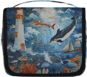 Hanging Toiletry Bag for Women & Men Small Travel Makeup Skincare Necessaire Organizer Kit Cosmetic Bags Waterproof Shower Pouch Expandable Compartments Fish Lighthouse Ocean
