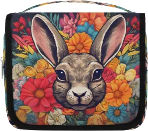 Hanging Toiletry Bag for Women & Men Small Travel Makeup Skincare Necessaire Organizer Kit Cosmetic Bags Waterproof Shower Pouch Expandable Compartments Flower Rabbit Animal