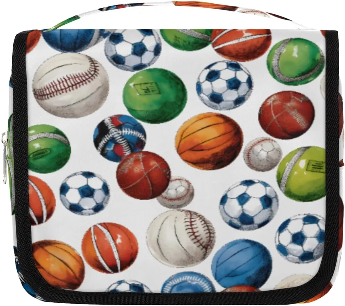 Hanging Toiletry Bag for Women & Men Small Travel Makeup Skincare Necessaire Organizer Kit Cosmetic Bags Waterproof Shower Pouch Expandable Compartments Fun Ball Sports Theme